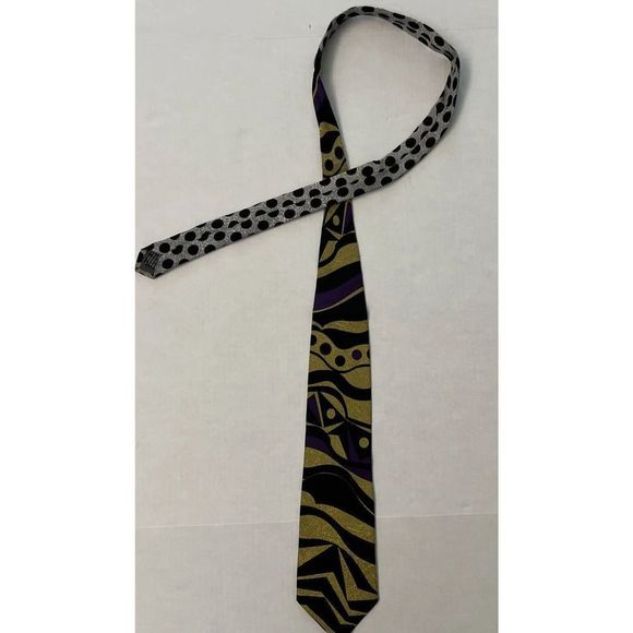 Versace V2 Abstract Black Gold Purple Gray Necktie Tie 90’s 100% Silk $140+ - Picture 2 of 10